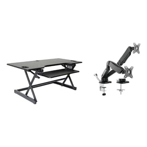 Rocelco 46&quot Height Adj Standing Desk Converter with Dual Monitor Mount Arm