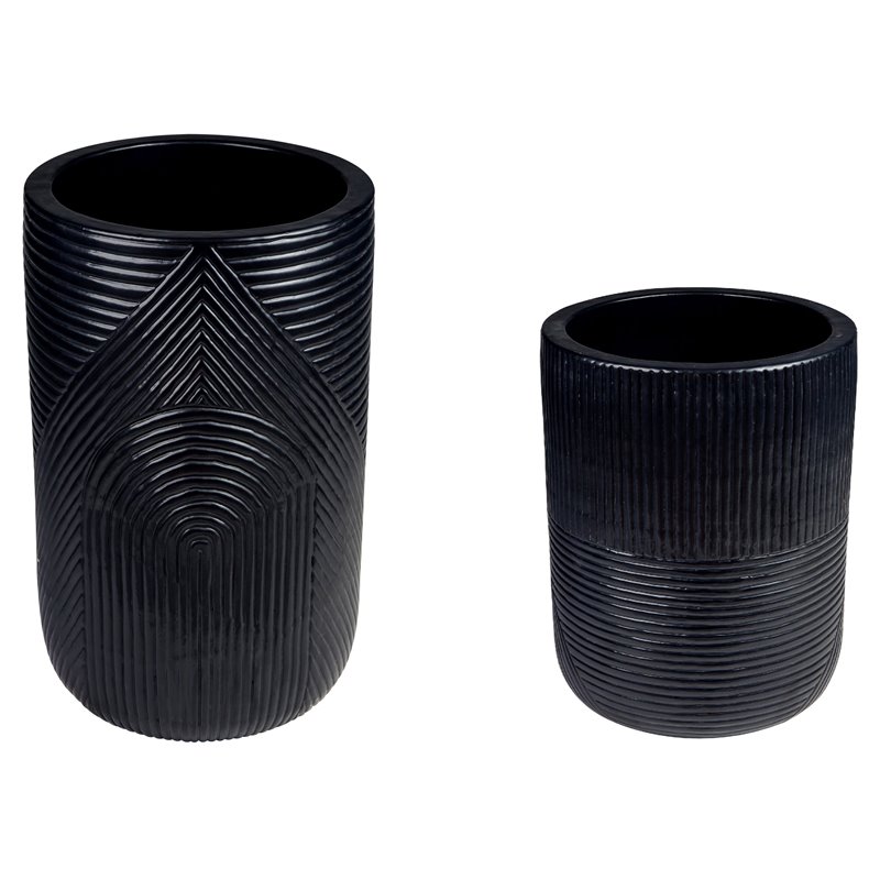Afuera Living  Modern Ceramic 2-Piece Textured Planters in Black