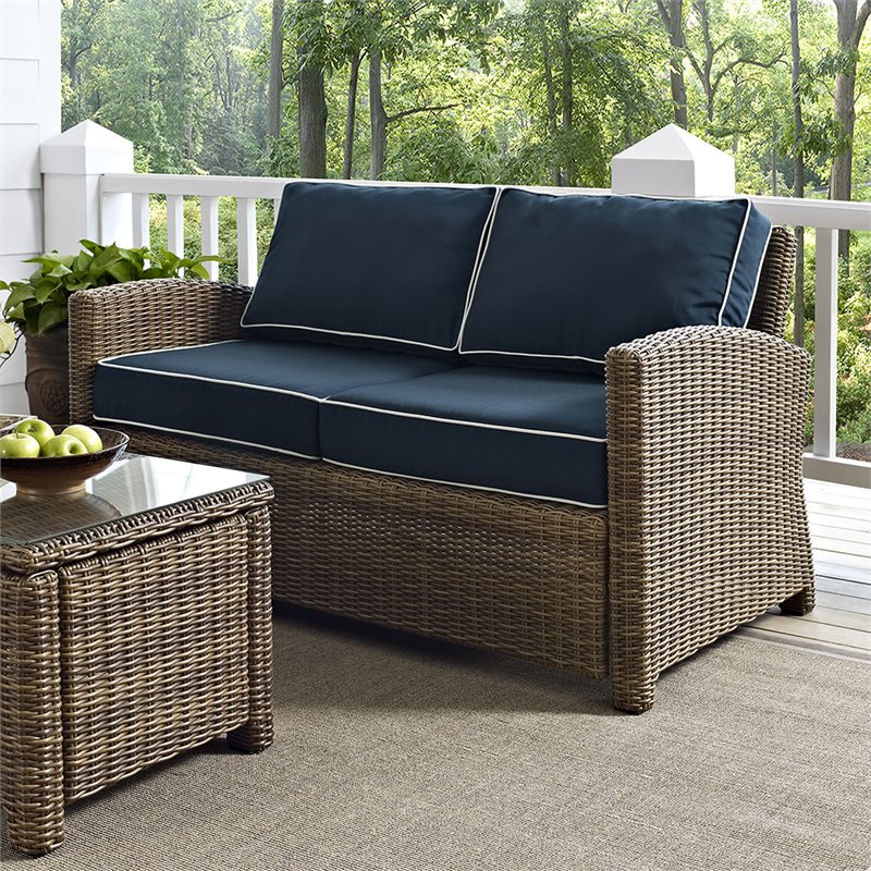 Afuera Living Modern Wicker Patio Loveseat in Brown and Navy