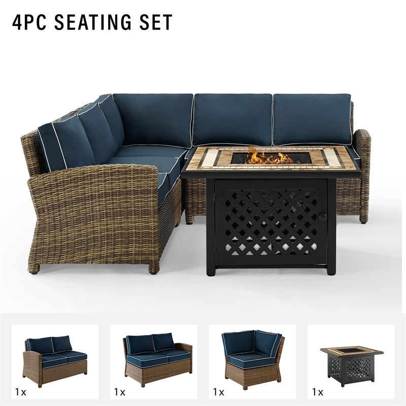 Afuera Living 4-Piece Wicker / Rattan Fire Pit Sectional Set in Navy/Brown