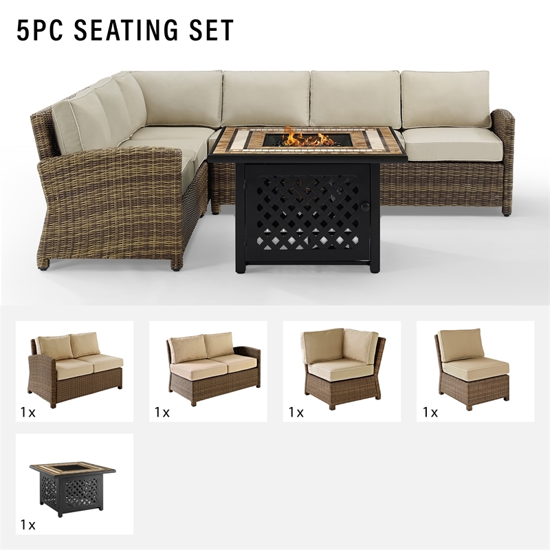 Afuera Living 5-Piece Wicker / Rattan Fire Pit Sectional Set in Sand/Brown