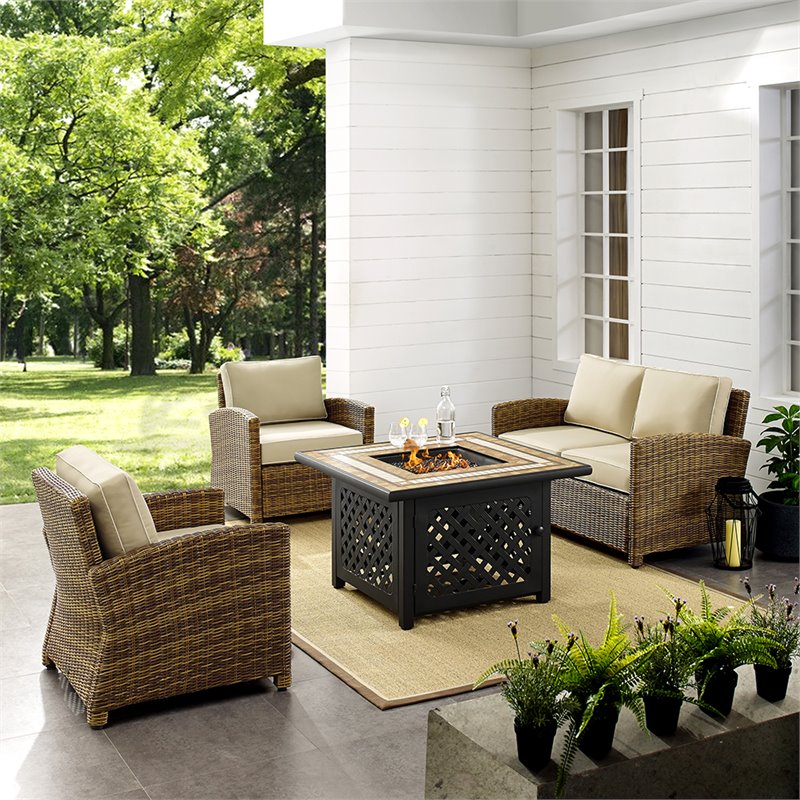Afuera Living 4-Piece Wicker / Rattan Patio Fire Pit Sofa Set in Sand/Brown