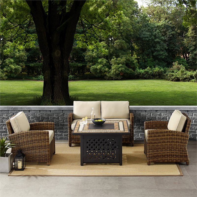 Afuera Living 4-Piece Wicker / Rattan Patio Fire Pit Sofa Set in Sand/Brown