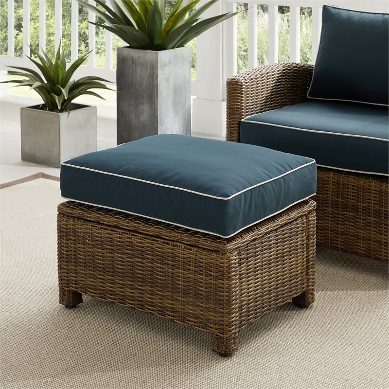 Afuera Living Wicker / Rattan & Fabric Outdoor Ottoman in Navy/Weathered Brown