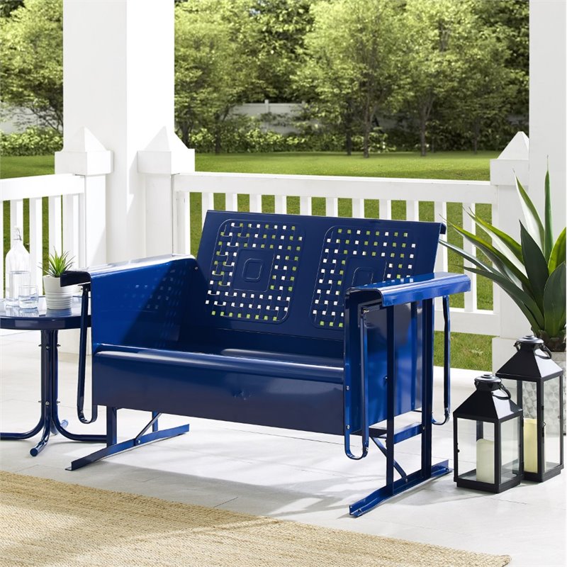 Afuera Living Metal Patio Loveseat Glider with Basket Weave in Navy Gloss