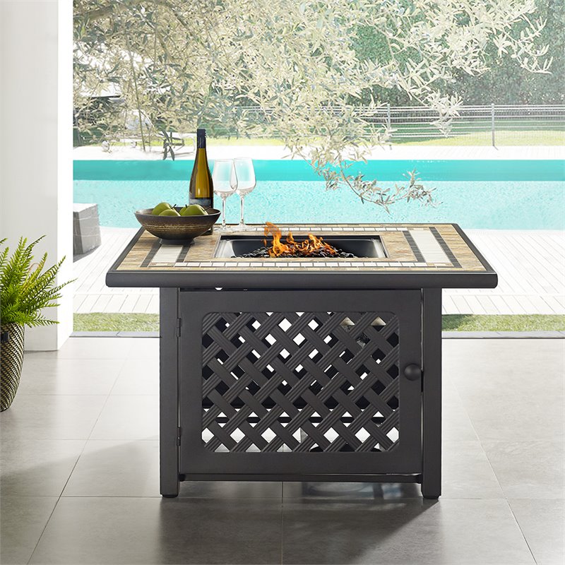 Afuera Living Square Traditional Metal/Tile Patio Fire Pit in Brown/Black