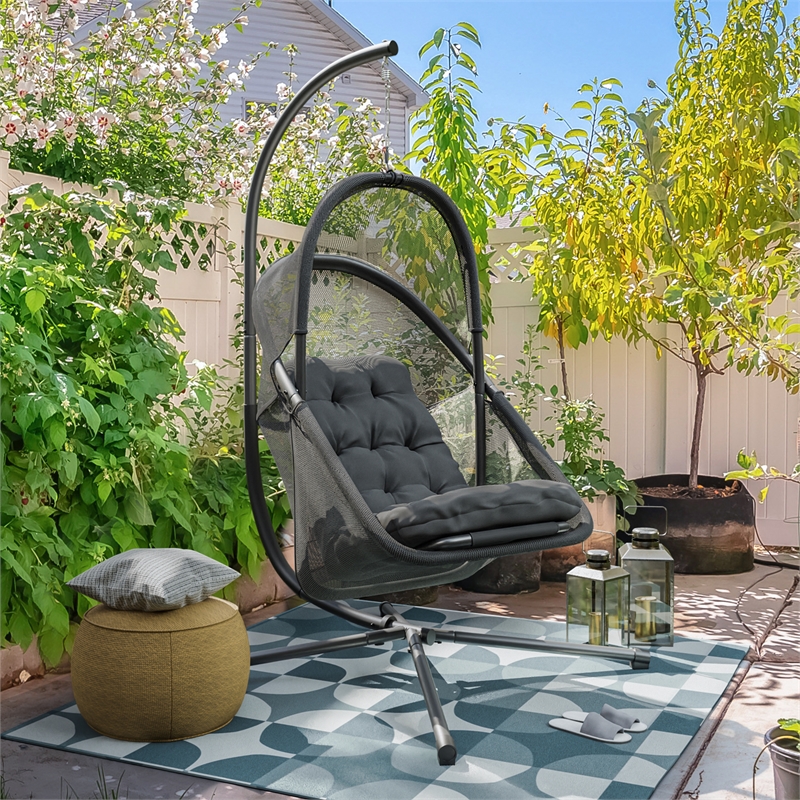 Afuera Living Breeze Outdoor Foldable Mesh Fabric Egg Swing in Dark Gray