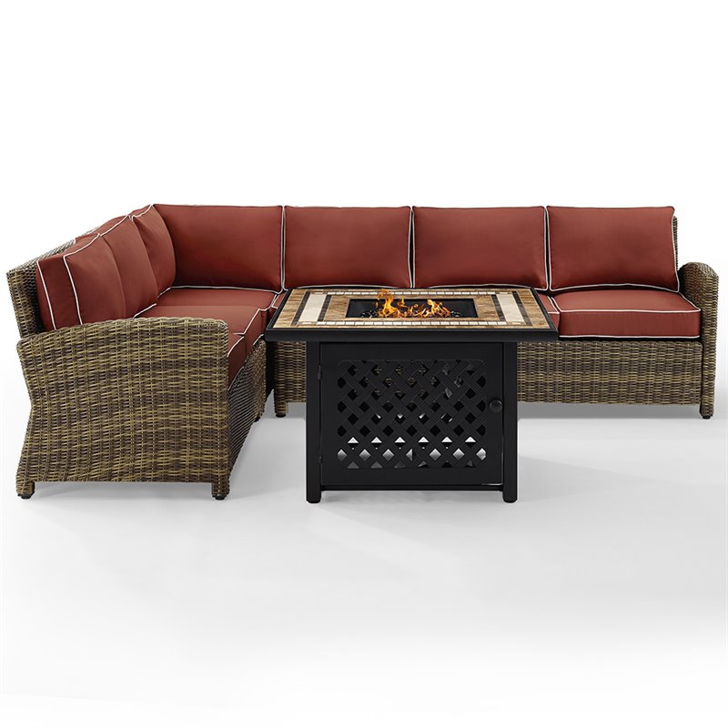 Afuera Living 5-Piece Wicker / Rattan Fire Pit Sectional Set in Red/Brown