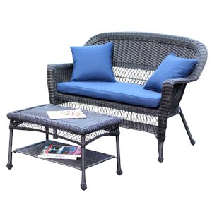 Afuera Living Wicker Espresso Patio Love Seat & Coffee Table Set w/ Blue Cushion