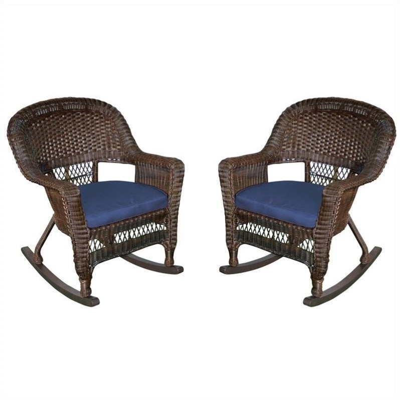Afuera Living Rocker Wicker Chair in Espresso with Blue Cushion (Set of 2) Brown