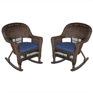 Afuera Living Rocker Wicker Chair in Espresso with Blue Cushion (Set of 2) Brown