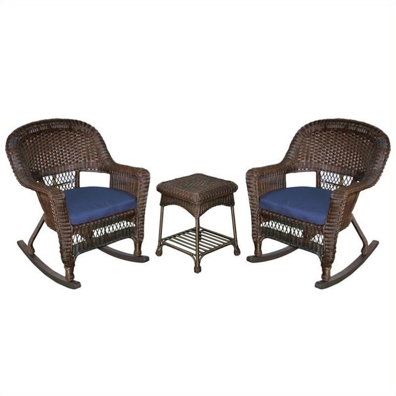 Afuera Living 3pc Wicker Rocker Chair Set in Espresso with Blue Cushion