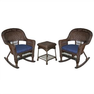 Afuera Living 3pc Wicker Rocker Chair Set in Espresso with Blue Cushion