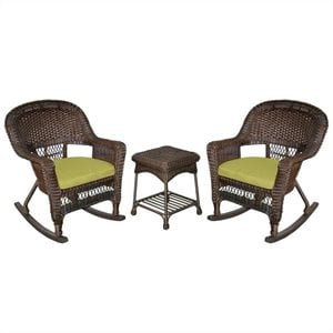 Afuera Living 3pc Wicker Rocker Chair Set in Espresso with Green Cushion