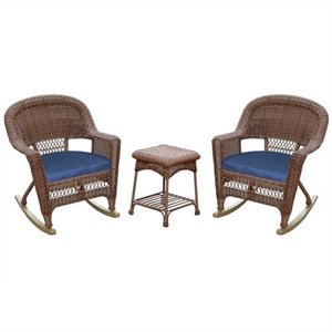Afuera Living 3pc Wicker Rocker Chair Set in Honey with Blue Cushion