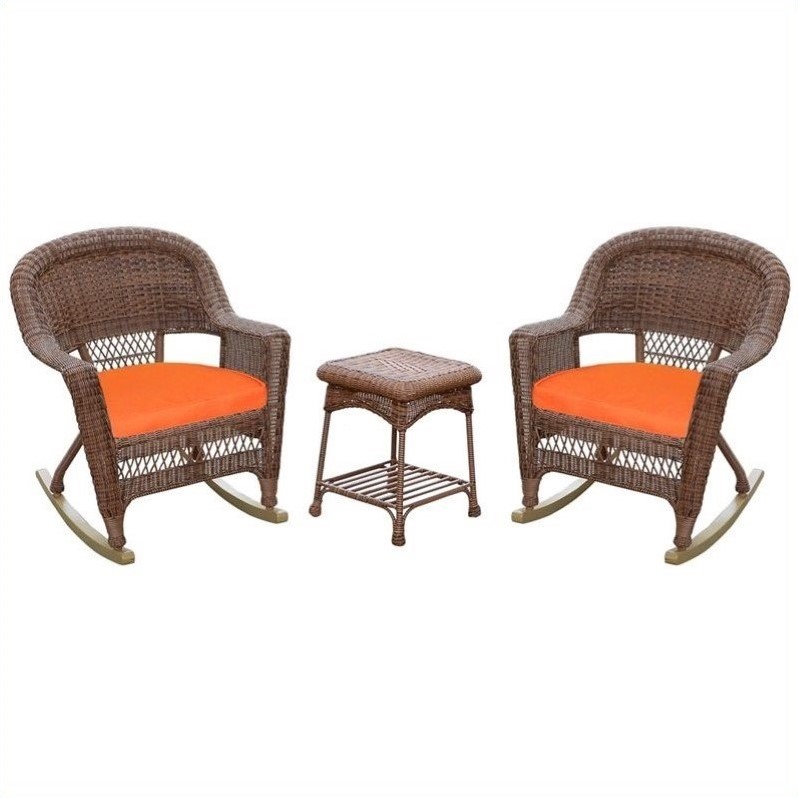 Afuera Living 3pc Wicker Rocker Chair Set in Honey with Orange Cushion