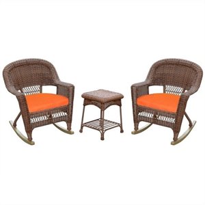 Afuera Living 3pc Wicker Rocker Chair Set in Honey with Orange Cushion