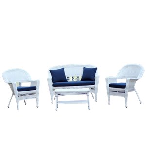 Afuera Living 4pc Wicker Conversation Set in White with Navy Blue Cushions