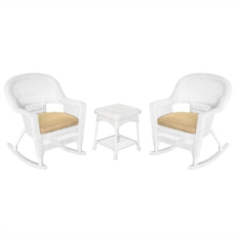 Afuera Living 3pc Rocker Wicker Chair Set in White with Tan Cushion