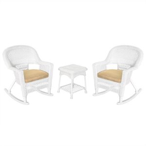 Afuera Living 3pc Rocker Wicker Chair Set in White with Tan Cushion