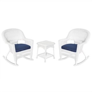 Afuera Living 3pc Rocker Wicker Chair Set in White with Blue Cushion