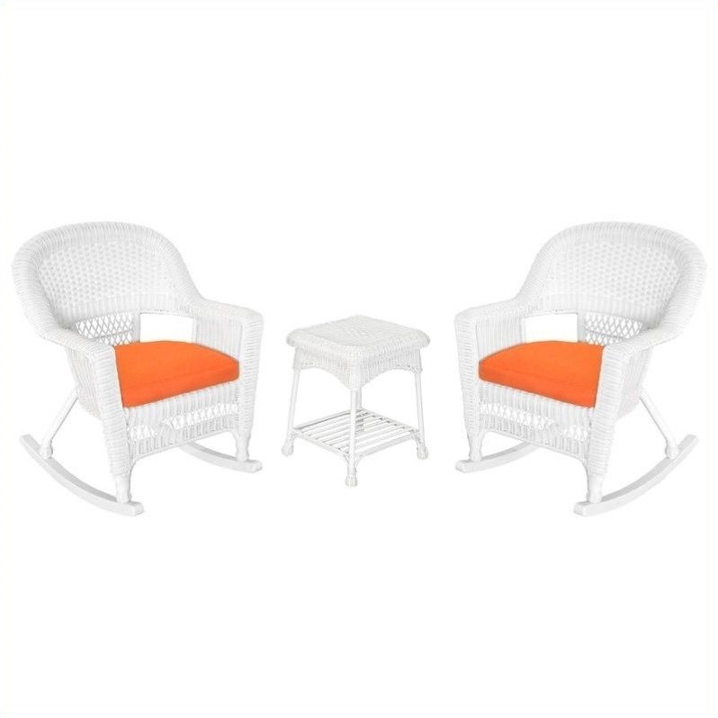Afuera Living 3 Piece Rocker Wicker Chair Set in White with Orange Cushion