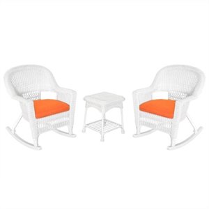 Afuera Living 3 Piece Rocker Wicker Chair Set in White with Orange Cushion