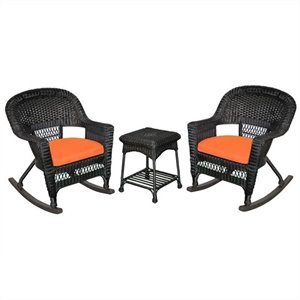 Afuera Living 3pc Wicker Rocker Chair Set in Black with Orange Cushion
