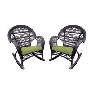 Afuera Living Wicker Rocker Chair in Espresso with Green Cushion (Set of 2)