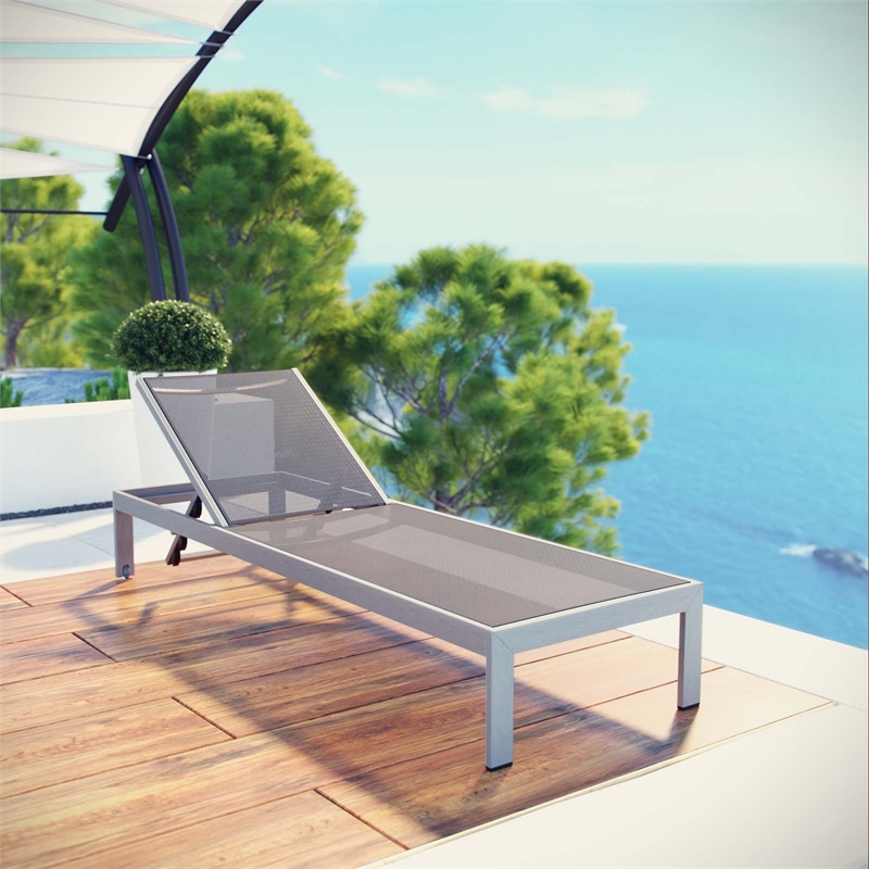 Afuera Living Fabric and Aluminum Outdoor Patio Sun Lounger in Silver / Gray