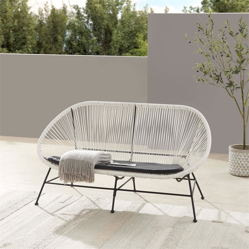 Afuera Living Outdoor Loveseat Handwoven Wicker Roping Steel Frame in White