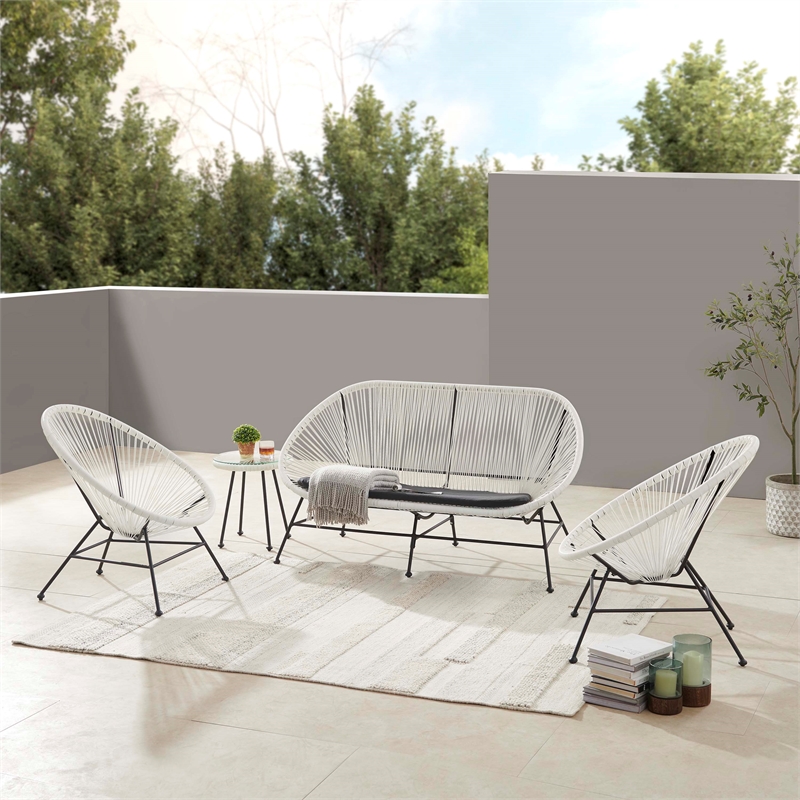 Afuera Living Outdoor Loveseat Handwoven Wicker Roping Steel Frame in White