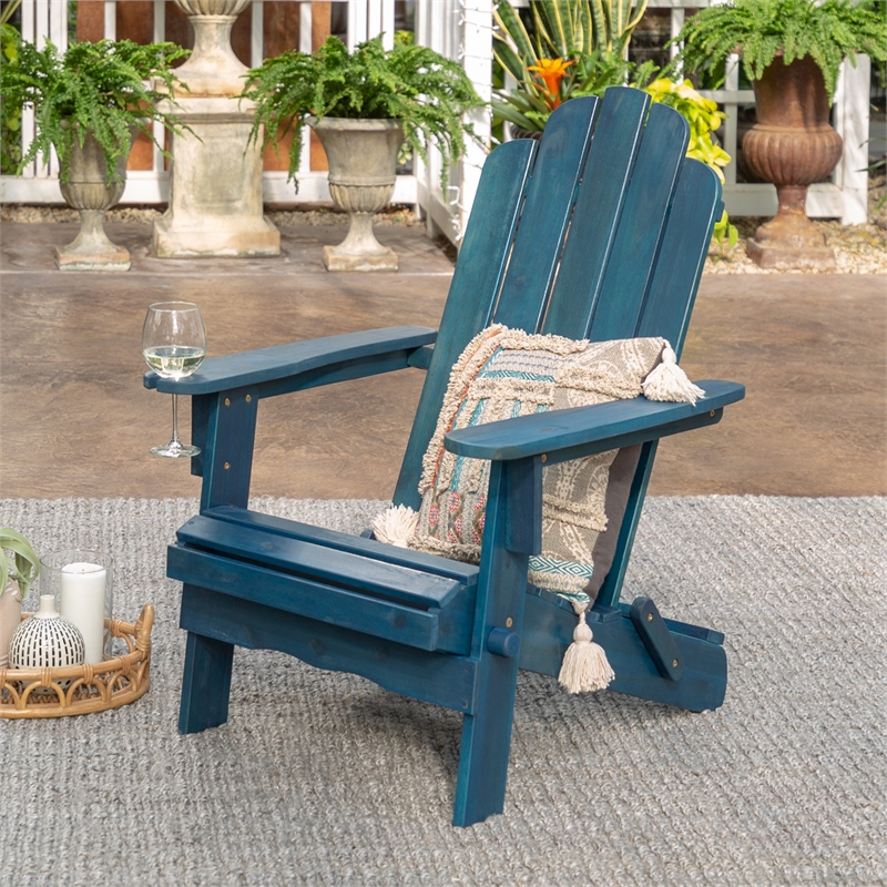 Afuera Living Outdoor Wood Patio Adirondack Chair & Wine Glass Holder-Navy Blue
