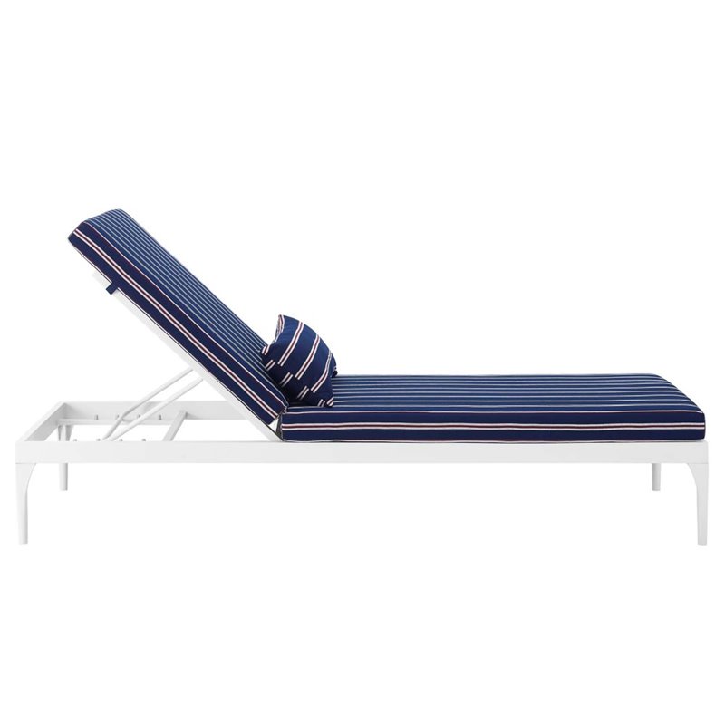 Afuera Living Aluminum Patio Chaise Lounge Chair in White and Striped Navy