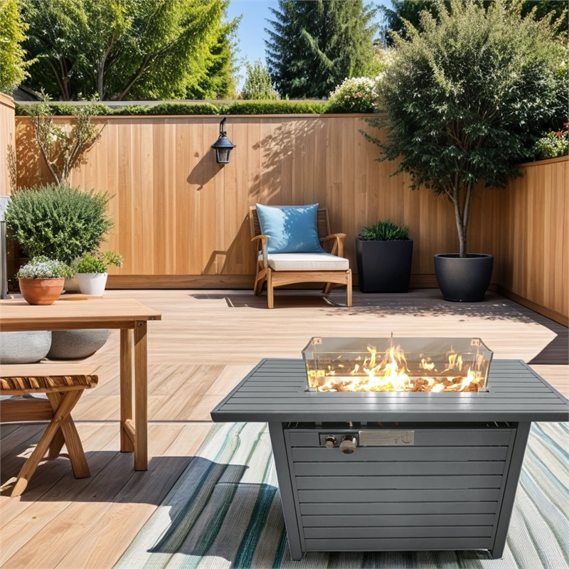 Afuera Living 11'' H x 42'' L Steel Propane Outdoor Gray Fire Pit Table with Lid