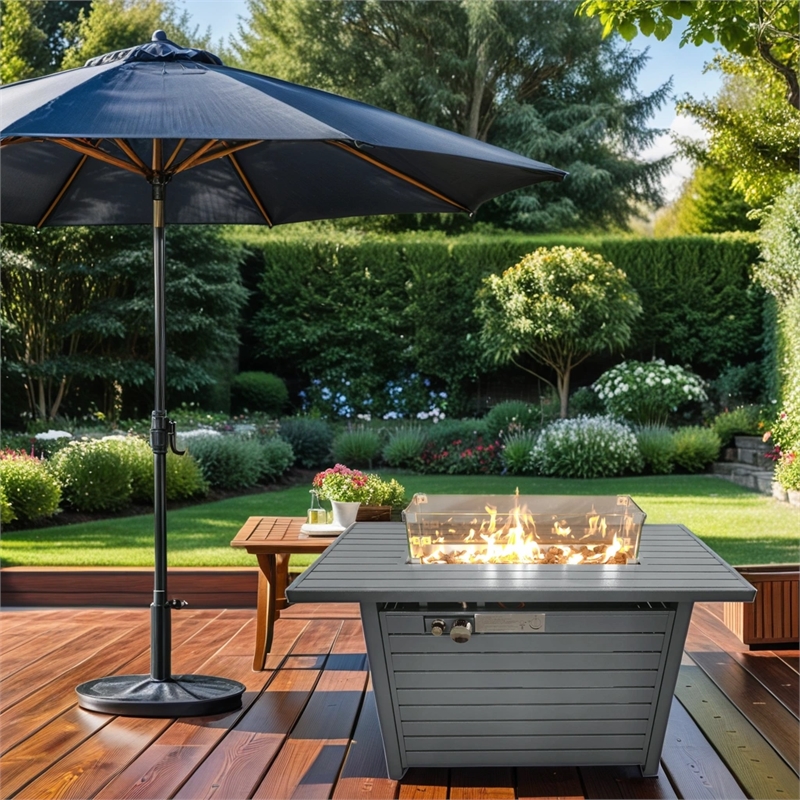 Afuera Living 11'' H x 42'' L Steel Propane Outdoor Gray Fire Pit Table with Lid