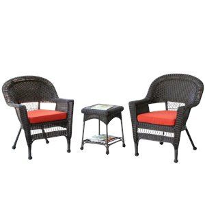 Afuera Living 3 Piece Wicker Conversation Set in Espresso with Red Cushions