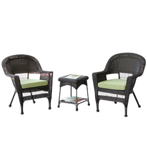 Afuera Living 3 Piece Wicker Conversation Set in Espresso with Green Cushions