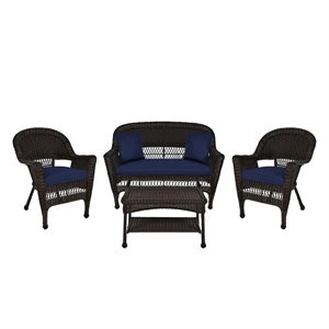 Afuera Living 4pc Wicker Conversation Set in Espresso with Navy Blue Cushions