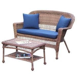 Afuera Living Patio Love Seat & Coffee Table Set in Honey with Blue Cushion