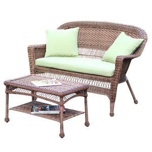Afuera Living Patio Love Seat & Coffee Table Set in Honey with Green Cushion