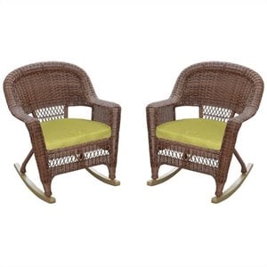 Afuera Living Wicker Rocker Chair in Honey with Green Cushion (Set of 2)