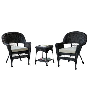 Afuera Living 3 Piece Wicker Conversation Set in Black with Tan Cushions