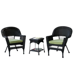 Afuera Living 3 Piece Wicker Conversation Set in Black with Green Cushions