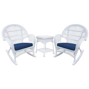 Afuera Living 3 Piece Wicker Conversation Set in White with Blue Cushions