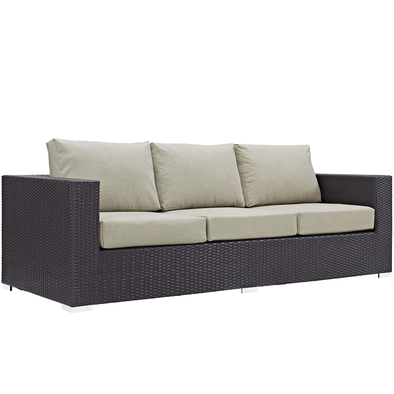 Afuera Living Aluminum and Rattan Outdoor Patio Sofa in Espresso/Beige