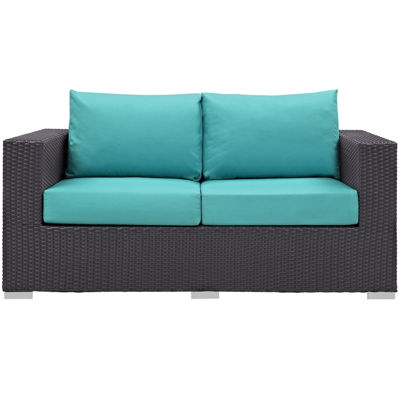 Afuera Living Aluminum and Rattan Patio Loveseat in Espresso/Turquoise