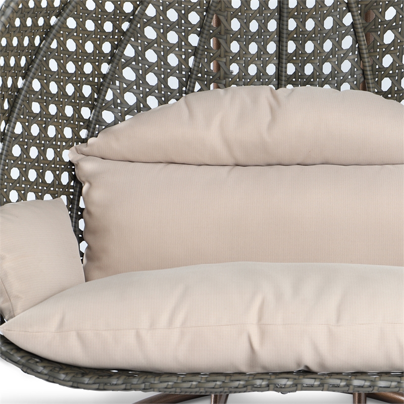 Afuera Living Outdoor Modern Wicker Hanging Double Egg Swing Chair in Beige