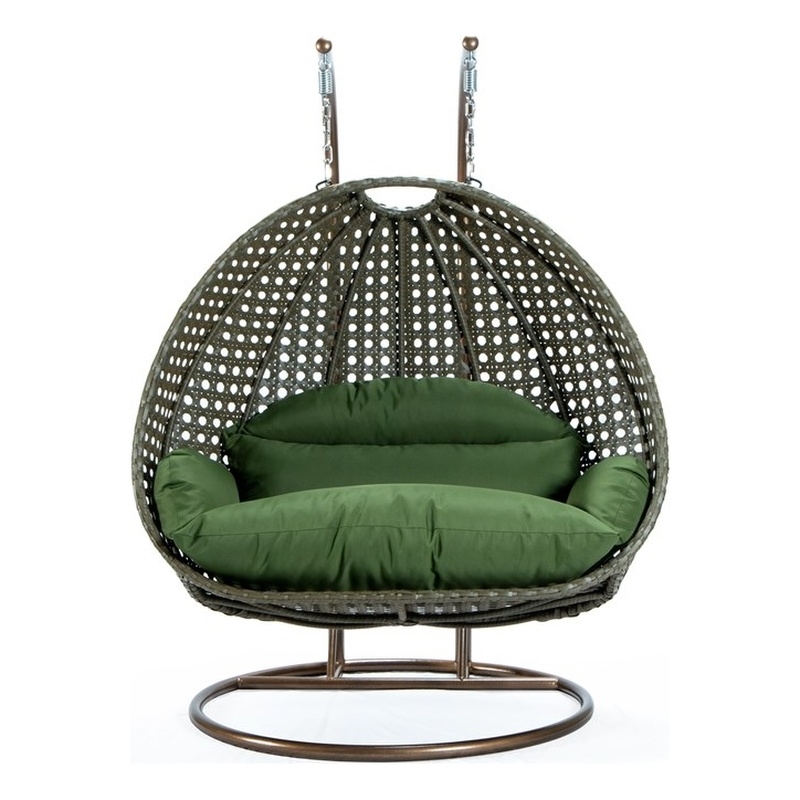 Afuera Living Outdoor Beige Wicker Hanging Double Egg Swing Chair in Dark Green