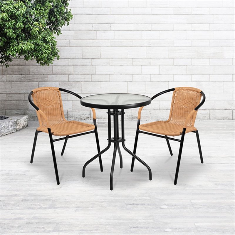 Afuera Living Rattan Stacking Restaurant Dining Arm Chair in Beige (Set of 2)